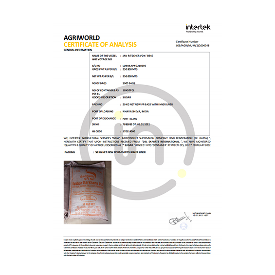 Indian white sugar test report